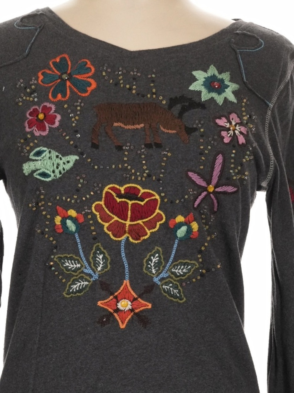 Double D Ranch long sleeve tee top beaded embroidered deer flowers RtL $225 L